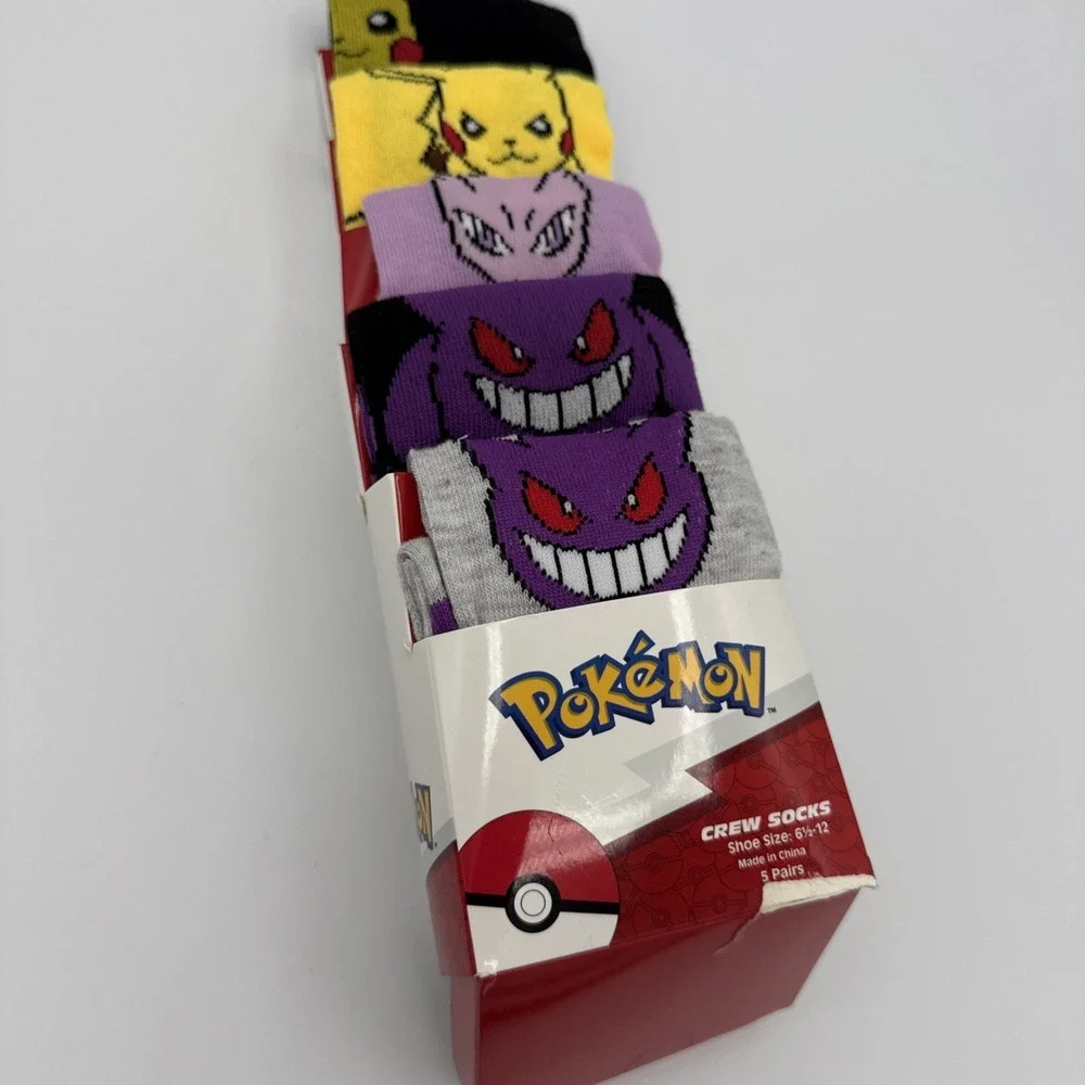 Brand New Pokémon Striped Crew Socks 5 Pack Sz 6.5-12 Pikachu Mewtwo Gengar
